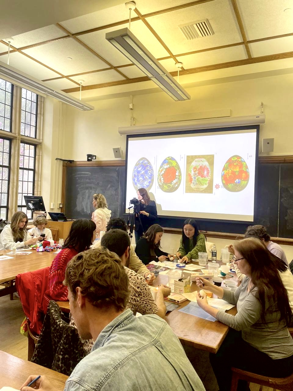 Students make east eggs in the Ukrainian style.